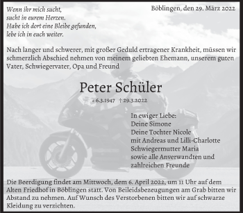 Traueranzeige von Peter Schüler von Leonberger Kreiszeitung / Strohgäu Extra
