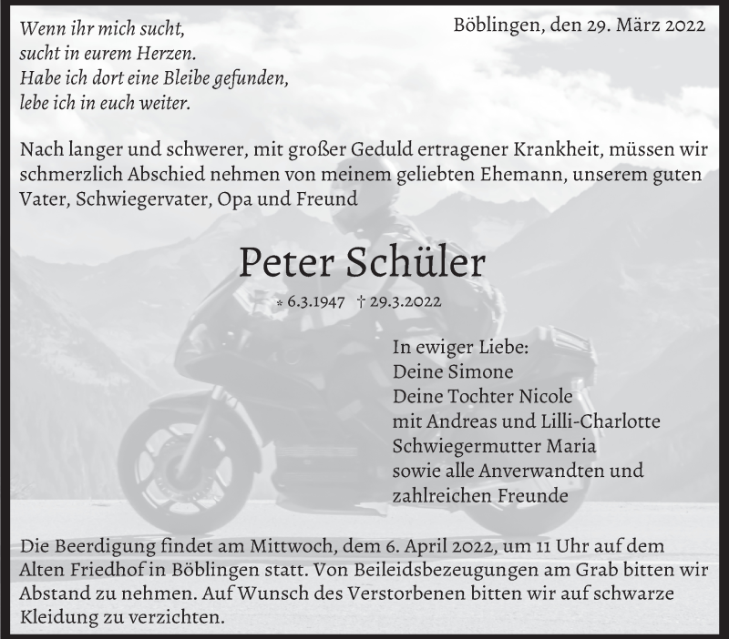  Traueranzeige für Peter Schüler vom 04.04.2022 aus Leonberger Kreiszeitung / Strohgäu Extra