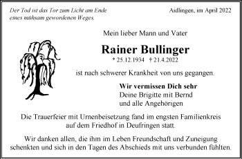 Traueranzeige von Rainer Bullinger von Leonberger Kreiszeitung / Strohgäu Extra