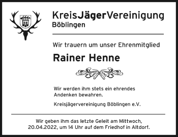 Traueranzeige von Rainer Henne von Leonberger Kreiszeitung / Strohgäu Extra