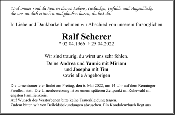 Traueranzeige von Ralf Scherer von Leonberger Kreiszeitung / Strohgäu Extra