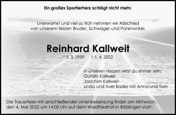 Traueranzeige von Reinhard Kallweit von Leonberger Kreiszeitung / Strohgäu Extra