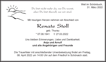 Traueranzeige von Renate Stoll von Leonberger Kreiszeitung / Strohgäu Extra