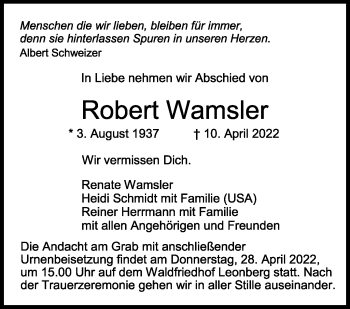 Traueranzeige von Robert Wamsler von Leonberger Kreiszeitung / Strohgäu Extra