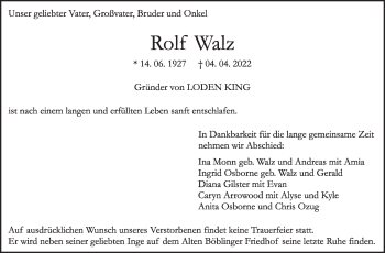Traueranzeige von Rolf Walz von Leonberger Kreiszeitung / Strohgäu Extra