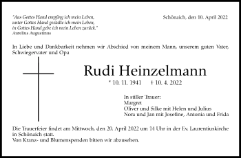 Traueranzeige von Rudi Heinzelmann von Leonberger Kreiszeitung / Strohgäu Extra
