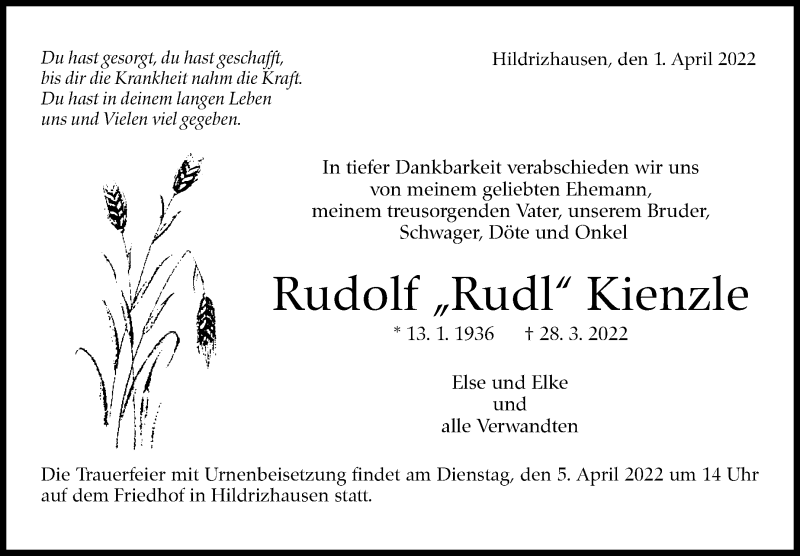  Traueranzeige für Rudolf  Kienzle vom 01.04.2022 aus Leonberger Kreiszeitung / Strohgäu Extra