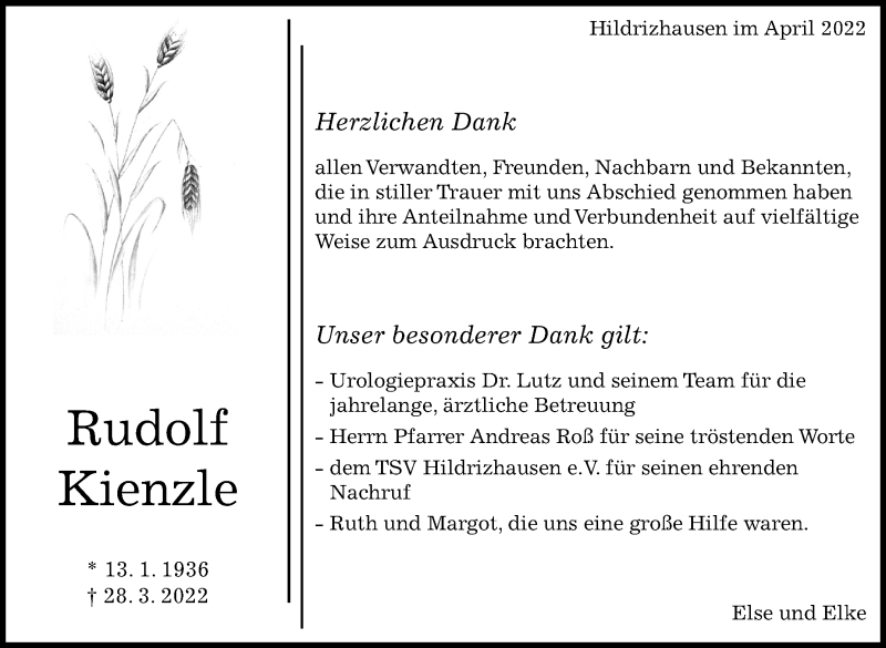  Traueranzeige für Rudolf  Kienzle vom 14.04.2022 aus Leonberger Kreiszeitung / Strohgäu Extra