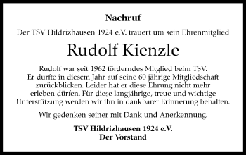Traueranzeige von Rudolf  Kienzle von Leonberger Kreiszeitung / Strohgäu Extra