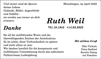 Traueranzeige von Ruth Weil von Leonberger Kreiszeitung / Strohgäu Extra