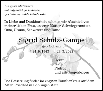 Traueranzeige von Sigrid Schulz-Gampe von Leonberger Kreiszeitung / Strohgäu Extra