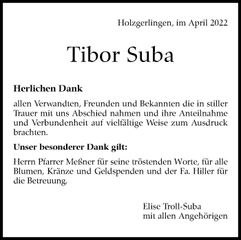 Traueranzeige von Tibor Suba von Leonberger Kreiszeitung / Strohgäu Extra