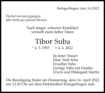 Traueranzeige von Tibor Suba von Leonberger Kreiszeitung / Strohgäu Extra