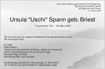 Traueranzeige von Ursula Spann von Leonberger Kreiszeitung / Strohgäu Extra