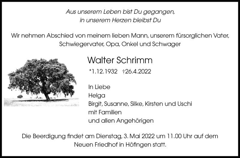  Traueranzeige für Walter Schrimm vom 30.04.2022 aus Leonberger Kreiszeitung / Strohgäu Extra