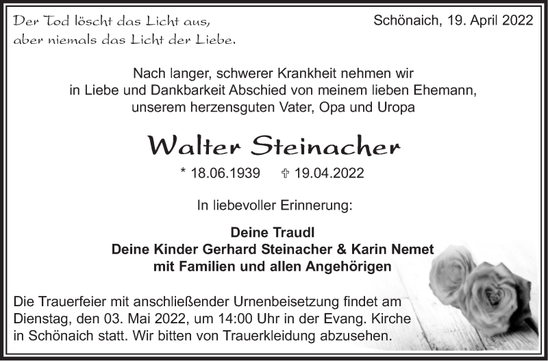  Traueranzeige für Walter Steinacher vom 27.04.2022 aus Leonberger Kreiszeitung / Strohgäu Extra