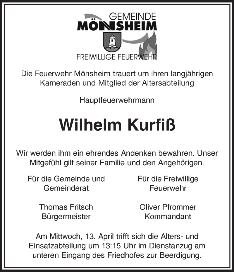  Traueranzeige für Wilhelm Kurfiß vom 12.04.2022 aus Leonberger Kreiszeitung / Strohgäu Extra