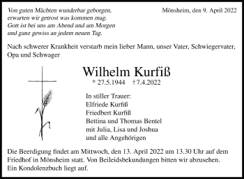 Traueranzeige von Wilhelm Kurfiß von Leonberger Kreiszeitung / Strohgäu Extra