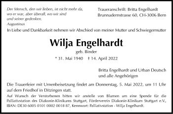 Traueranzeige von Wilja Engelhardt von Leonberger Kreiszeitung / Strohgäu Extra