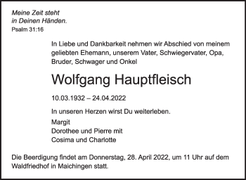 Traueranzeige von Wolfgang Hauptfleisch von Leonberger Kreiszeitung / Strohgäu Extra