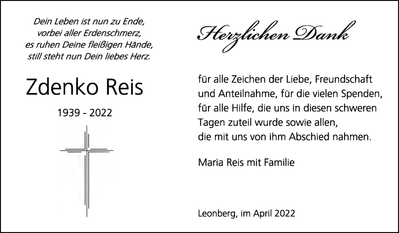 Traueranzeige für Zdenko Reis vom 09.04.2022 aus Leonberger Kreiszeitung / Strohgäu Extra