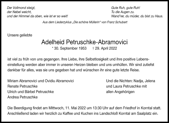 Traueranzeige von Adelheid Petruschke-Abramovici von Leonberger Kreiszeitung / Strohgäu Extra