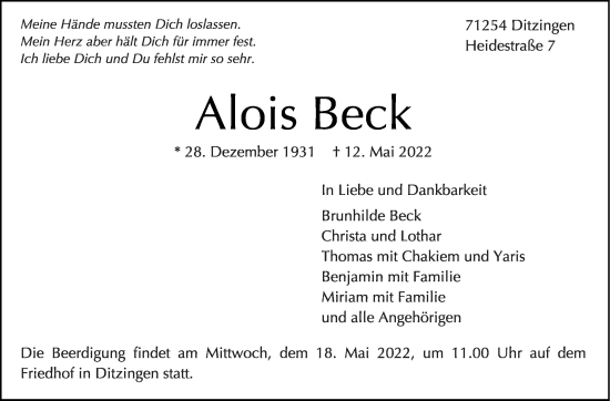 Traueranzeige von Alois Beck von Leonberger Kreiszeitung / Strohgäu Extra