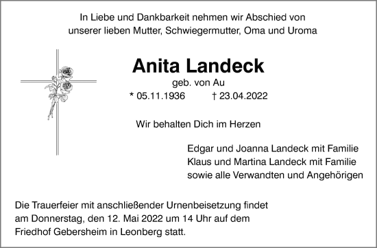 Traueranzeige von Anita Landeck von Leonberger Kreiszeitung / Strohgäu Extra