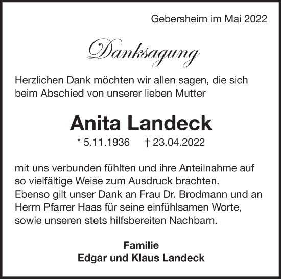 Traueranzeige von Anita Landeck von Leonberger Kreiszeitung / Strohgäu Extra