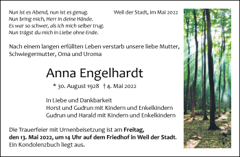 Traueranzeige von Anna Engelhardt von Leonberger Kreiszeitung / Strohgäu Extra