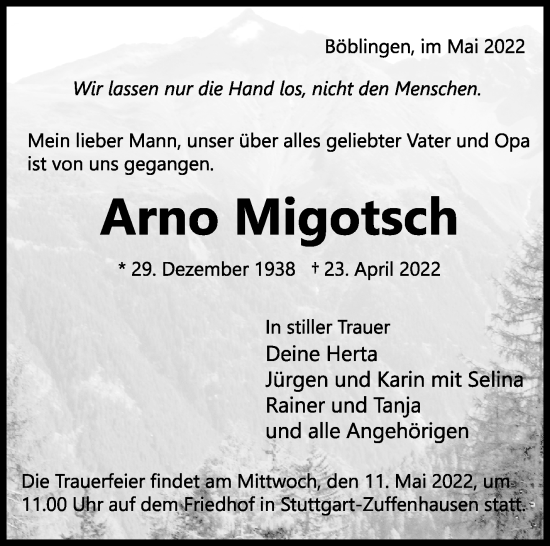 Traueranzeige von Arno Migotsch von Leonberger Kreiszeitung / Strohgäu Extra