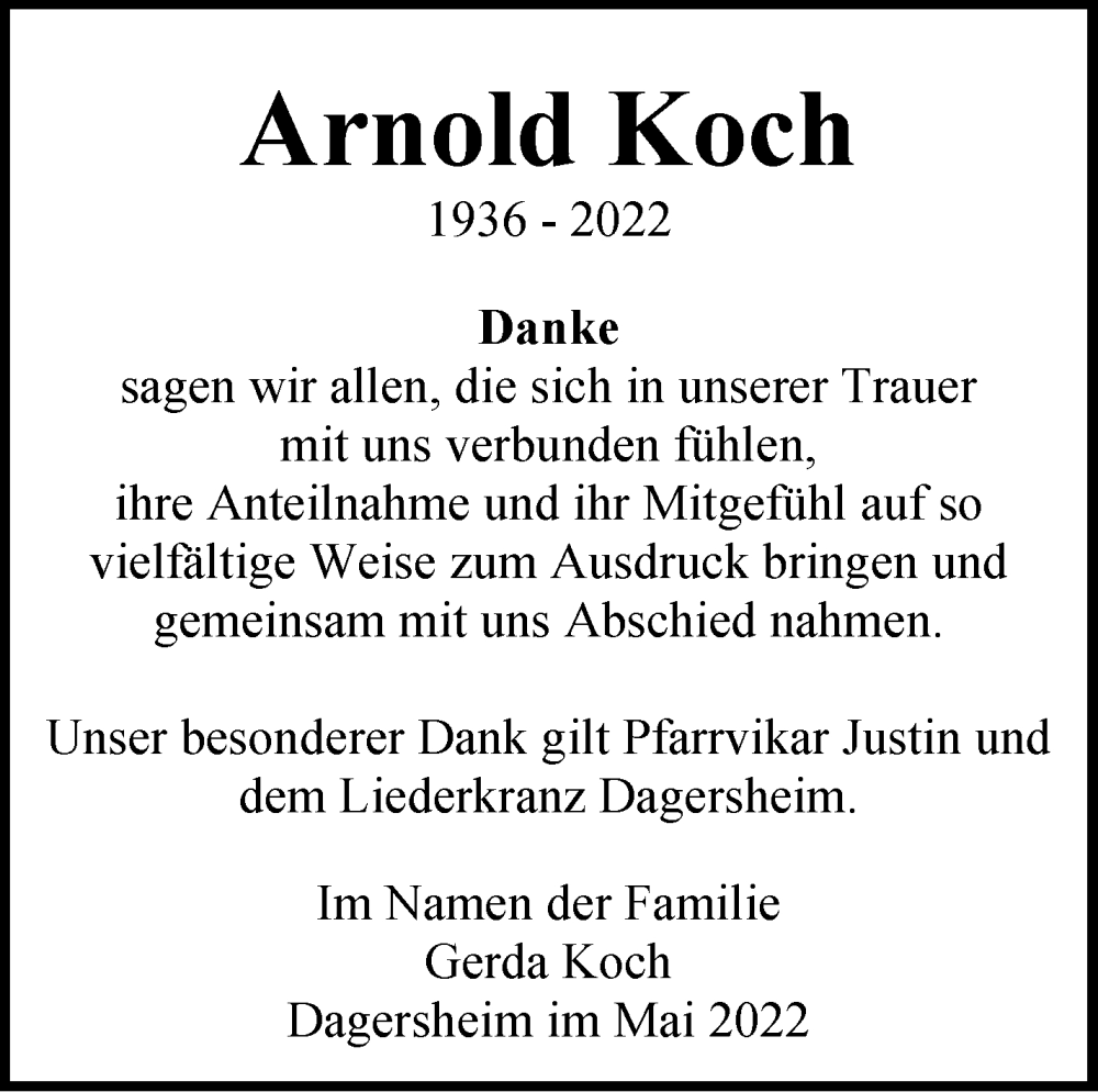  Traueranzeige für Arnold Koch vom 07.05.2022 aus Leonberger Kreiszeitung / Strohgäu Extra