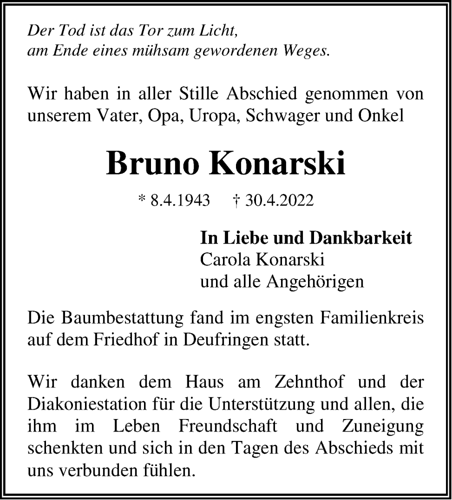  Traueranzeige für Bruno Konarski vom 14.05.2022 aus Leonberger Kreiszeitung / Strohgäu Extra