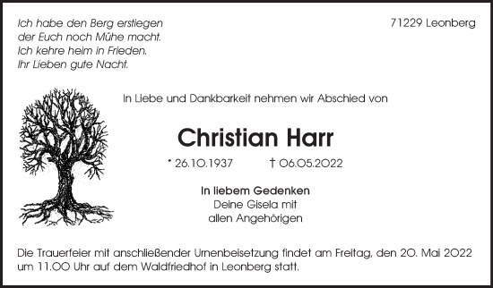 Traueranzeige von Christian Harr von Leonberger Kreiszeitung / Strohgäu Extra