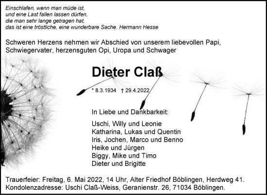 Traueranzeige von Dieter Claß von Leonberger Kreiszeitung / Strohgäu Extra