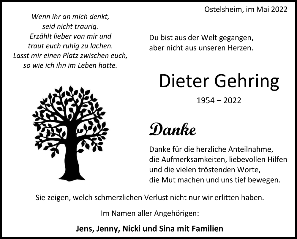  Traueranzeige für Dieter Gehring vom 05.05.2022 aus Leonberger Kreiszeitung / Strohgäu Extra