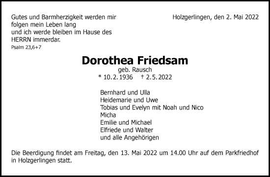 Traueranzeige von Dorothea Friedsam von Leonberger Kreiszeitung / Strohgäu Extra