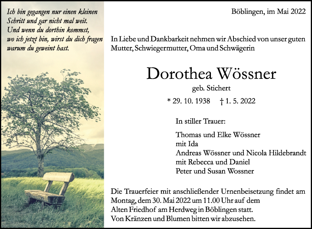  Traueranzeige für Dorothea Wössner vom 27.05.2022 aus Leonberger Kreiszeitung / Strohgäu Extra