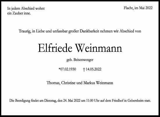 Traueranzeige von Elfriede Weinmann von Leonberger Kreiszeitung / Strohgäu Extra