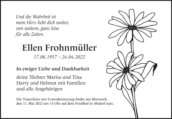 Traueranzeige von Ellen Frohnmüller von Leonberger Kreiszeitung / Strohgäu Extra