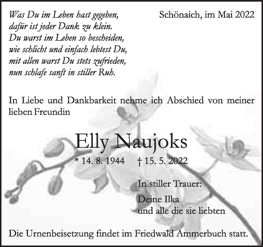  Traueranzeige für Elly Naujoks vom 19.05.2022 aus Leonberger Kreiszeitung / Strohgäu Extra