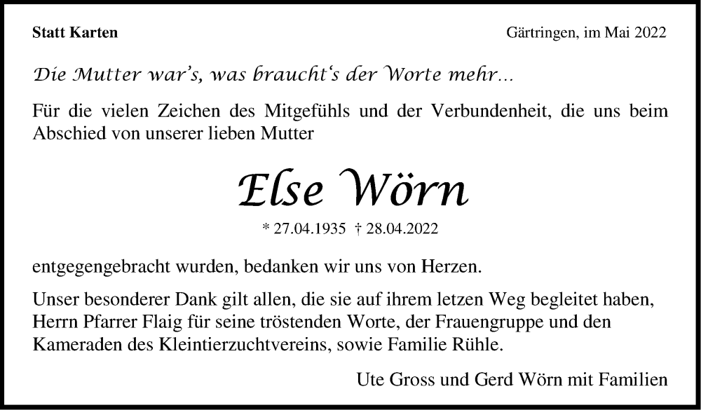  Traueranzeige für Else Wörn vom 18.05.2022 aus Leonberger Kreiszeitung / Strohgäu Extra