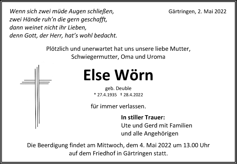  Traueranzeige für Else Wörn vom 02.05.2022 aus Leonberger Kreiszeitung / Strohgäu Extra