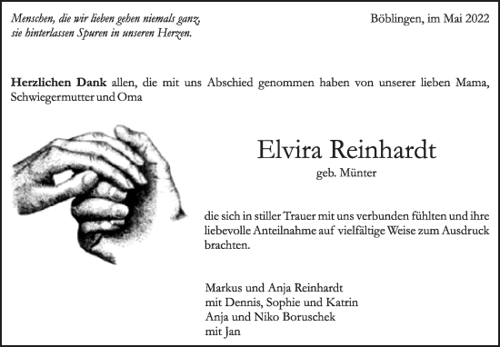 Traueranzeige von Elvira Reinhardt von Leonberger Kreiszeitung / Strohgäu Extra