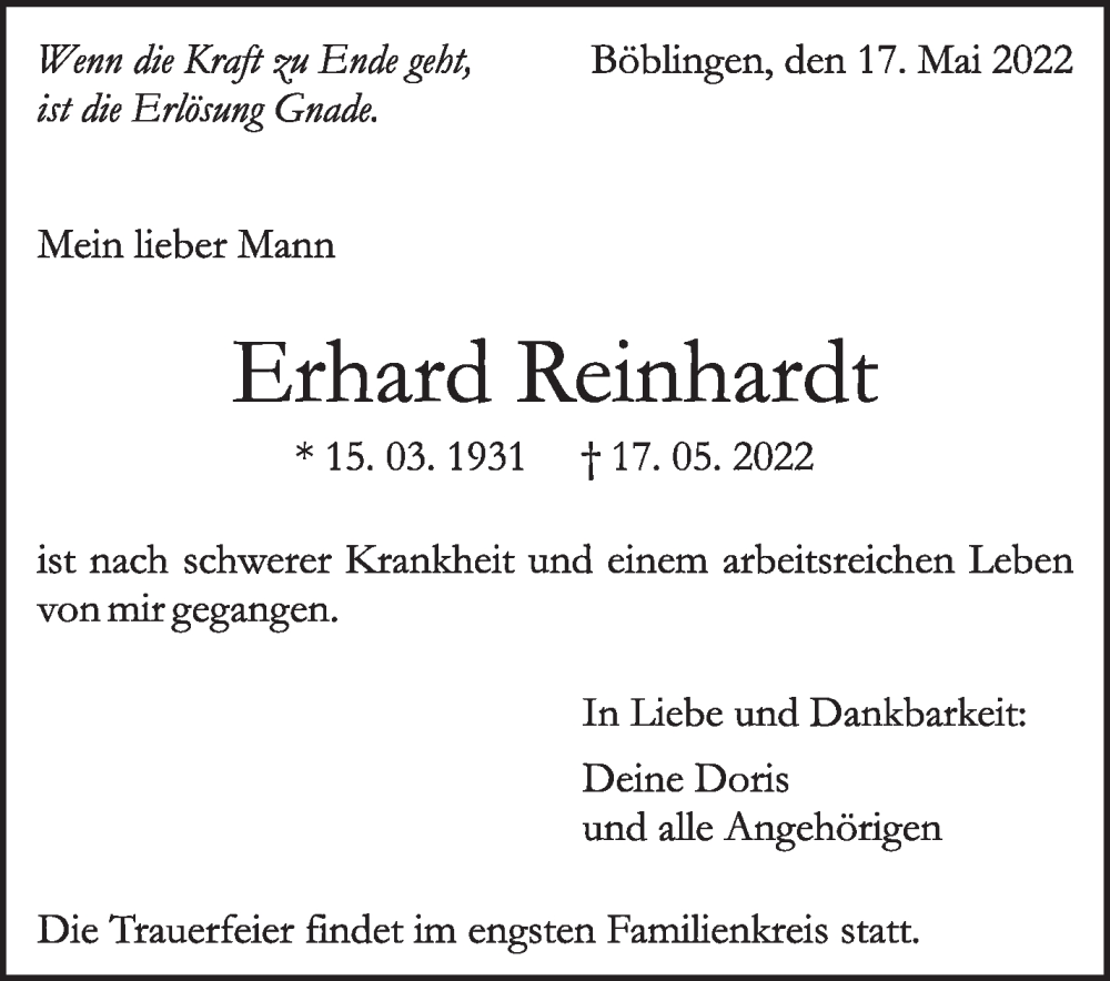  Traueranzeige für Erhard Reinhardt vom 21.05.2022 aus Leonberger Kreiszeitung / Strohgäu Extra