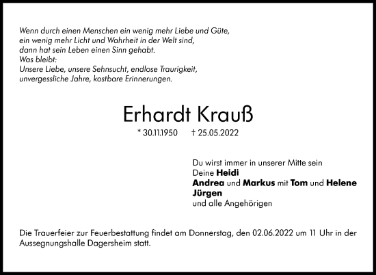 Traueranzeige von Erhardt Krauß von Leonberger Kreiszeitung / Strohgäu Extra