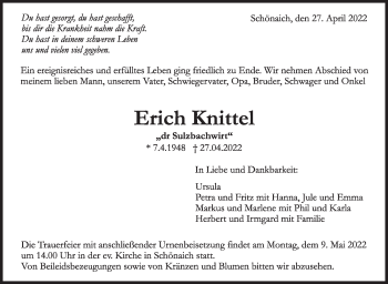Traueranzeige von Erich Knittel von Leonberger Kreiszeitung / Strohgäu Extra