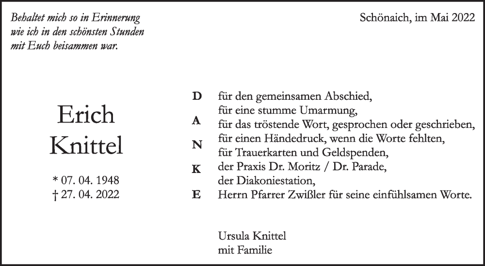  Traueranzeige für Erich Knittel vom 19.05.2022 aus Leonberger Kreiszeitung / Strohgäu Extra