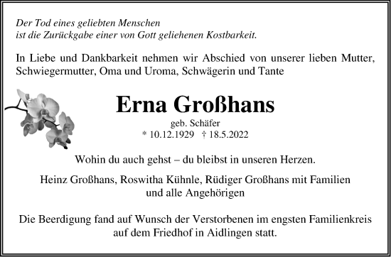 Traueranzeige von Erna Großhans von Leonberger Kreiszeitung / Strohgäu Extra
