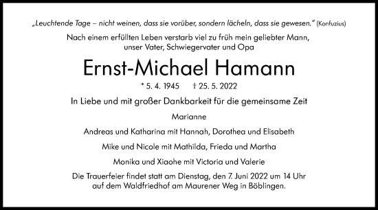 Traueranzeige von Ernst-Michael Hamann von Leonberger Kreiszeitung / Strohgäu Extra